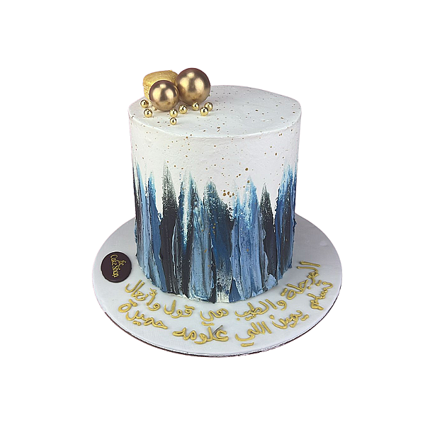 A navy blue and white cake