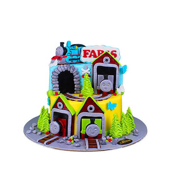 A train-themed cake.